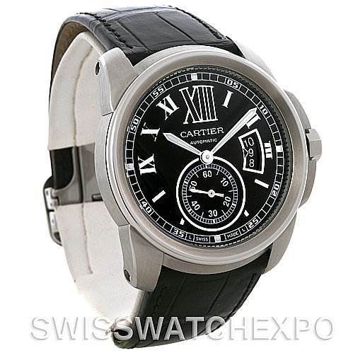 This Calibre de Cartier model by Cartier is shown at a three-quarter angle, displaying the black dial, date window, and leather strap.