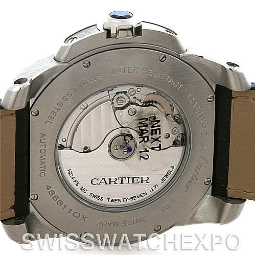 The image shows the back view of a Calibre de Cartier watch by Cartier, highlighting its automatic movement and transparent case back.