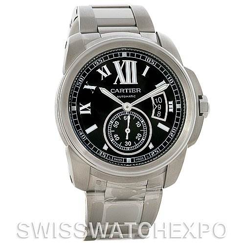 The image shows a front view of a Calibre de Cartier watch by Cartier, displaying the face, bracelet, and crown.