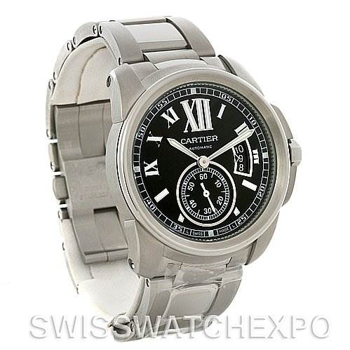 The image shows a Calibre de Cartier model by Cartier from a front angle, highlighting its dial, bracelet, and casing.