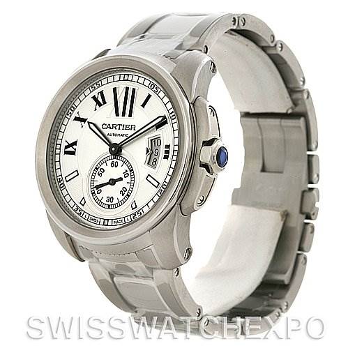 The image shows a side angle of the Calibre de Cartier watch by Cartier, displaying the dial, bezel, crown, and bracelet.