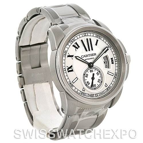 The image shows a front and angled view of a Calibre de Cartier watch by Cartier, highlighting the dial, case, and bracelet.