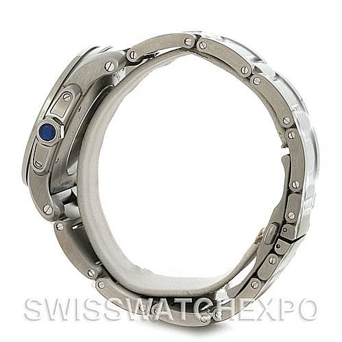 The image shows a side view of the Calibre de Cartier watch by Cartier, highlighting the watch's case and part of the band.