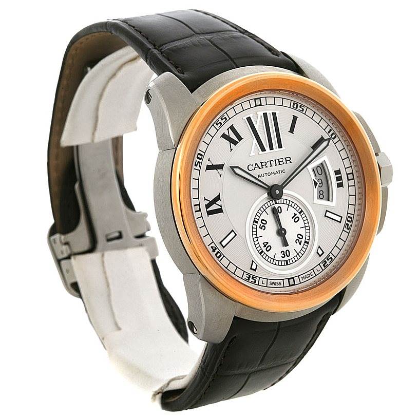 The Calibre de Cartier watch by Cartier is shown from a front left angle, displaying the face, case, bezel, and part of the strap.