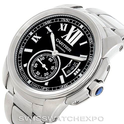 The image shows a side and front angle of the Calibre de Cartier watch by Cartier, highlighting its dial, bezel, crown, and bracelet.