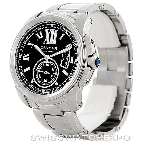 The image shows a Calibre de Cartier watch from Cartier angled to display the face, crown, and bracelet.
