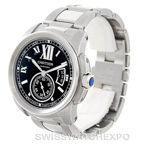 The image shows a Calibre de Cartier watch by Cartier at an angled view, highlighting its face, bezel, bracelet, and crown.