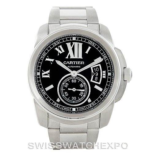 This is a front view of a Calibre de Cartier watch by Cartier, showing the dial, case, bracelet, and crown.