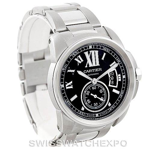 The image shows a front and slight side angle view of a Calibre de Cartier watch by Cartier, highlighting its face, bezel, and band.