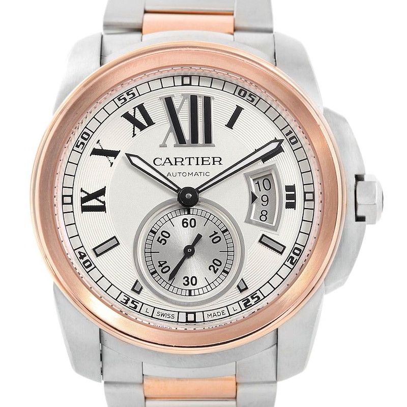 Cartier Calibre Steel 18K Rose Gold Mens Watch W7100036 Box Papers SwissWatchExpo