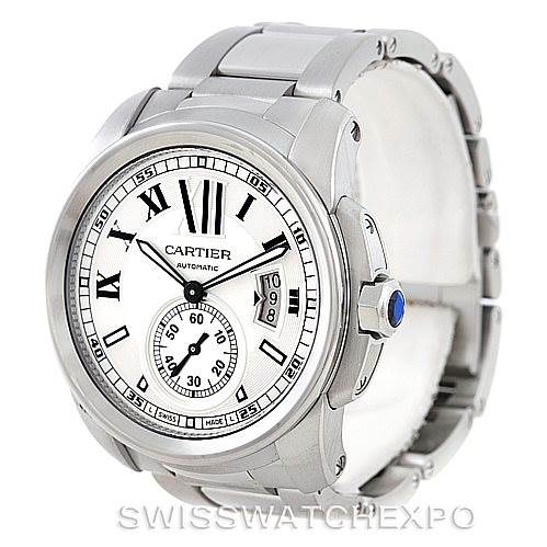 The image shows a Cartier Calibre de Cartier W7100015 Men's Stainless Steel Silver Dial W7100015 Men's Stainless Steel Silver Dial watch from a slight side angle, highlighting the dial, bezel, crown, and part of the bracelet.