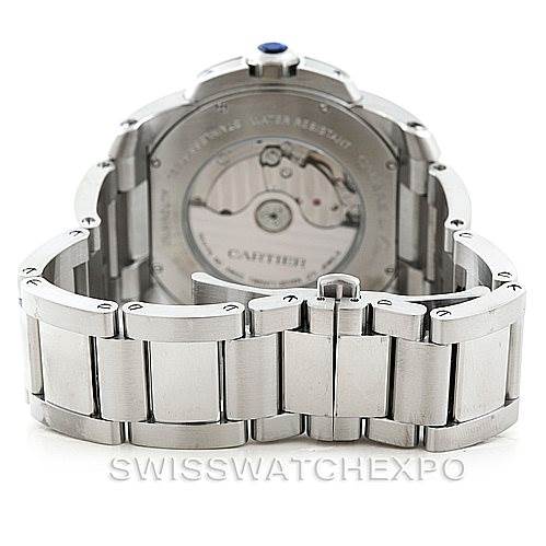 This image shows the back case and bracelet of a Calibre de Cartier watch by Cartier, displaying its movement and stainless steel links.