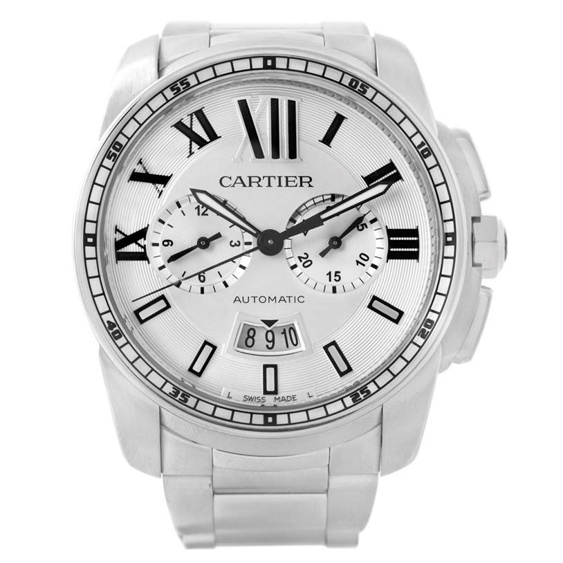The image shows a frontal view of the Calibre de Cartier model by Cartier, highlighting the dial, Roman numerals, and sub-dials.