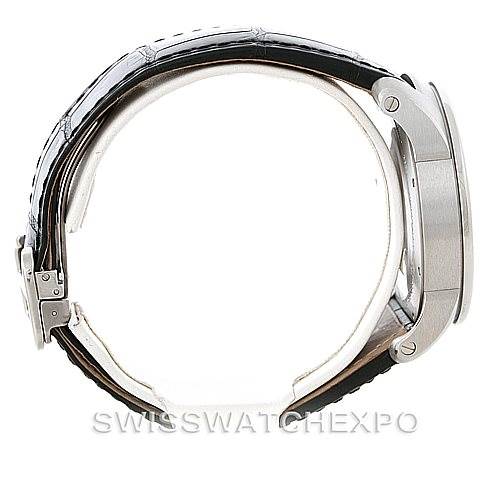 This image shows a side profile of a Calibre de Cartier watch by Cartier, highlighting its case, bezel, and strap.