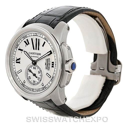 This image shows a Calibre de Cartier watch by Cartier at a 3/4 angle, highlighting its face, crown, and leather strap.