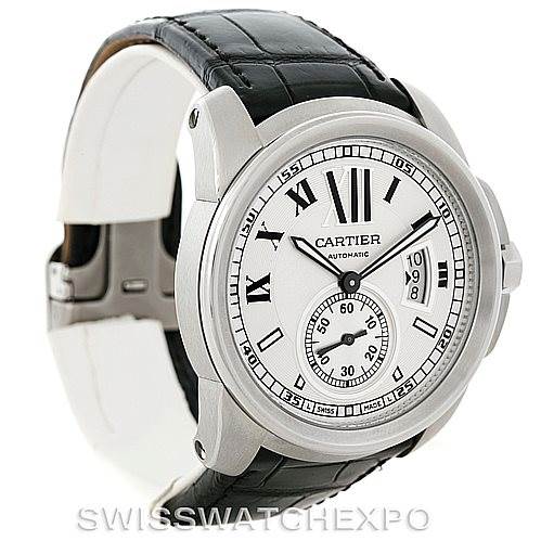 The image shows a Calibre de Cartier model by Cartier at an angled side view, highlighting the watch face, case, and leather strap.