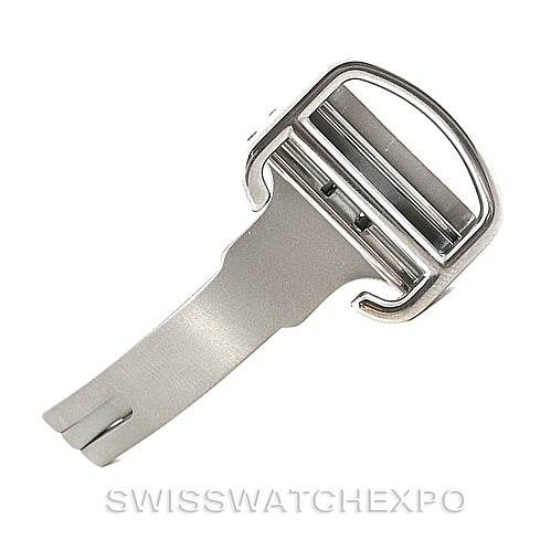 This image shows a watch clasp from the Calibre de Cartier model by Cartier at a top-down angle.