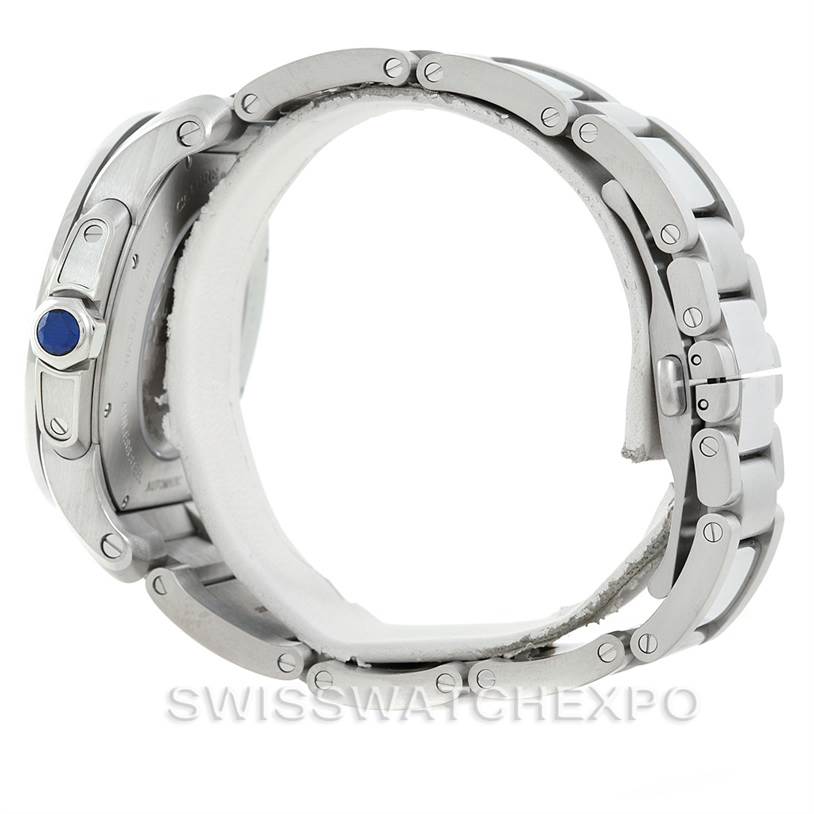 This image shows a side view of the bracelet and part of the clasp mechanism of a Calibre de Cartier model by Cartier.