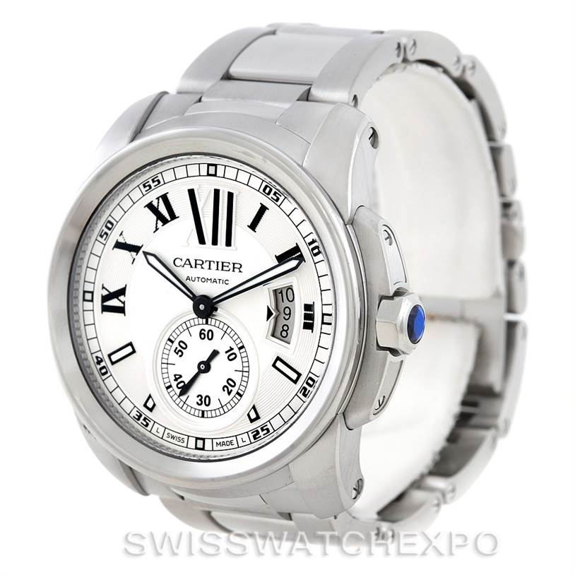 This image shows a front angle view of the Calibre de Cartier watch by Cartier, highlighting the dial, bezel, and bracelet.