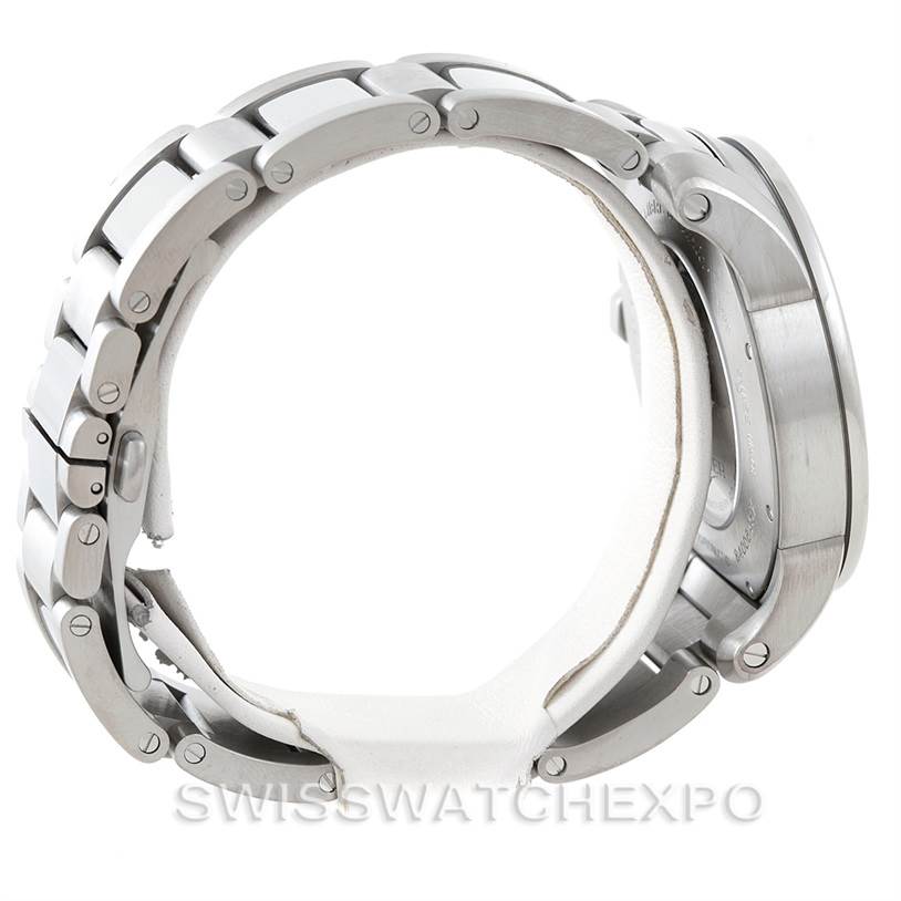 This side view of the Calibre de Cartier watch by Cartier shows the bracelet and case.