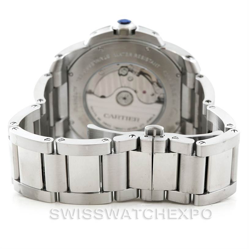 The image shows the back side of the Calibre de Cartier watch by Cartier, highlighting its bracelet and the watch movement.