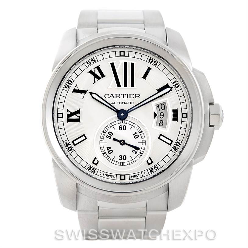 This image shows a front view of the Calibre de Cartier watch by Cartier, highlighting its face, bezel, and bracelet.