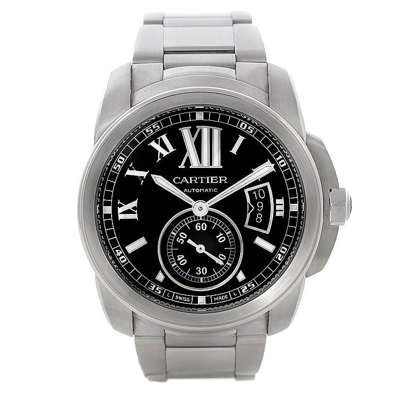 The image shows a front view of the Calibre de Cartier model by Cartier, displaying the dial, bracelet, and crown.