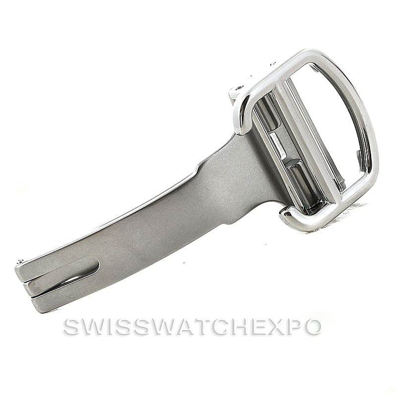 This is a close-up of the clasp from a Calibre de Cartier watch by Cartier, shown at a side angle.