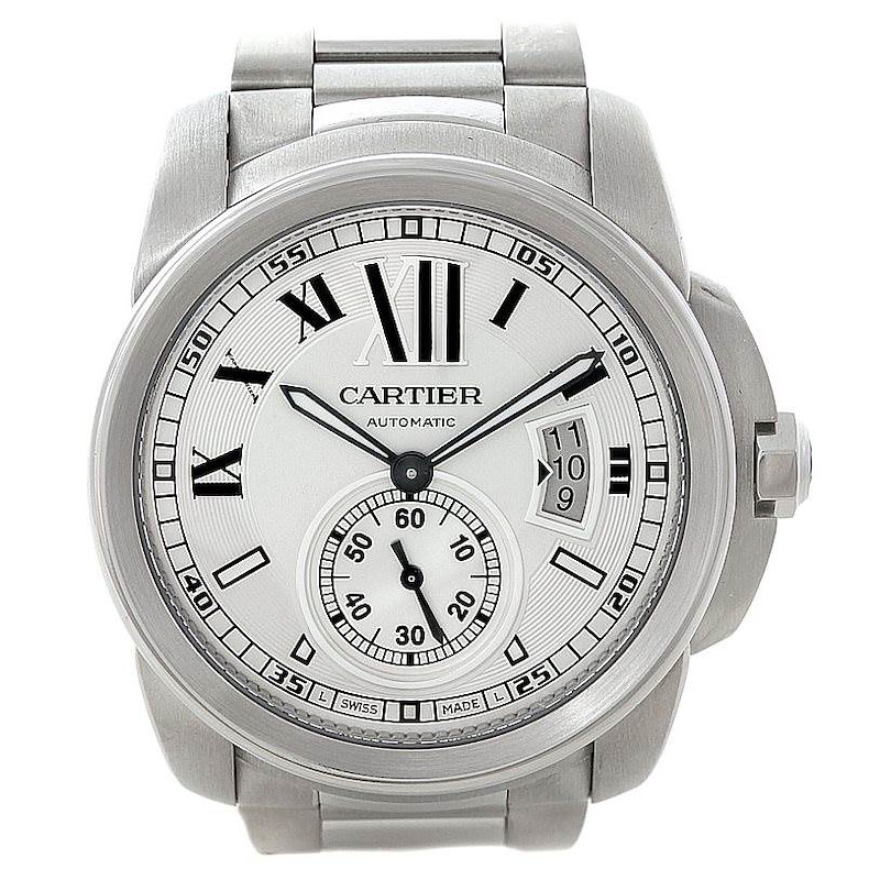 The image shows a front view of a Calibre de Cartier watch, displaying its dial, hands, date window, and bracelet.