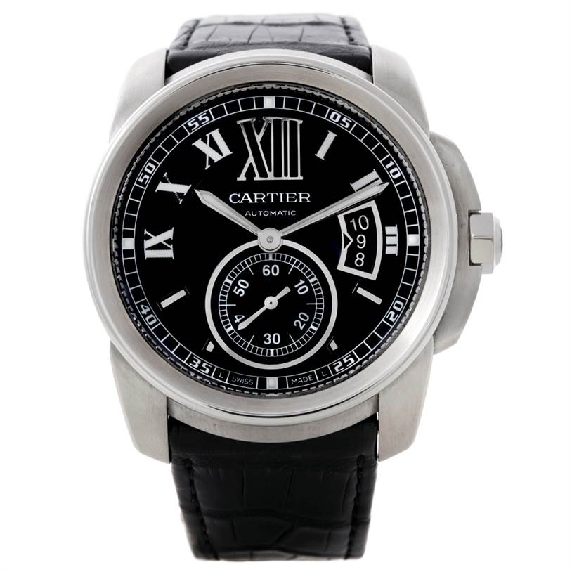 This image shows a front view of the Calibre de Cartier watch by Cartier, featuring the dial, hands, and strap.