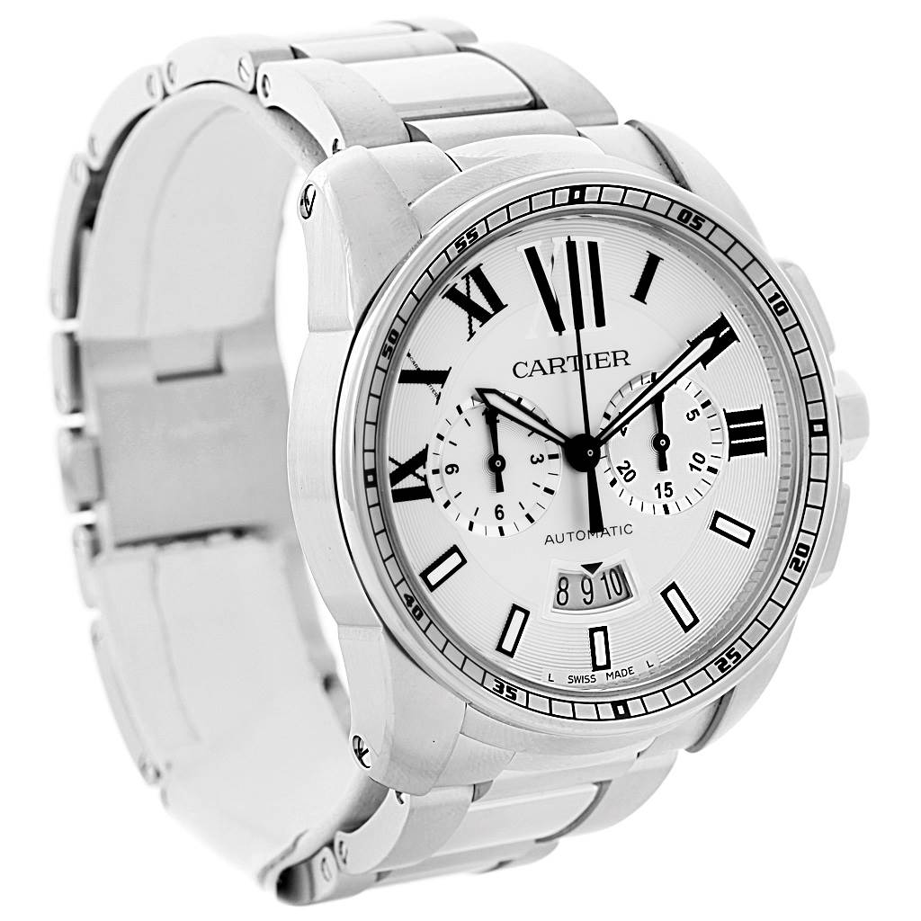 A Calibre de Cartier watch by Cartier, shown at a slight angle displaying the face, bezel, bracelet, and chronograph dials.