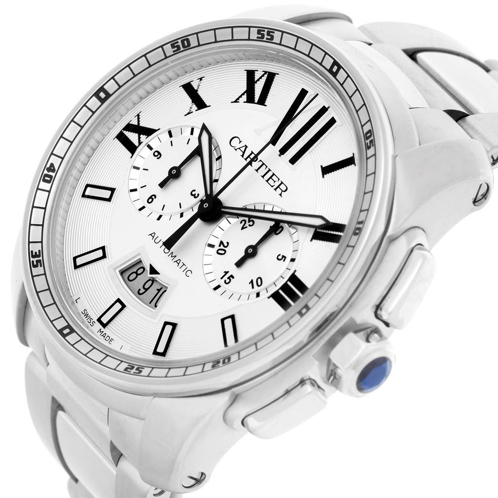 This is a side and partial top view of the Calibre de Cartier model by Cartier, showing the dial, crown, and part of the bracelet.