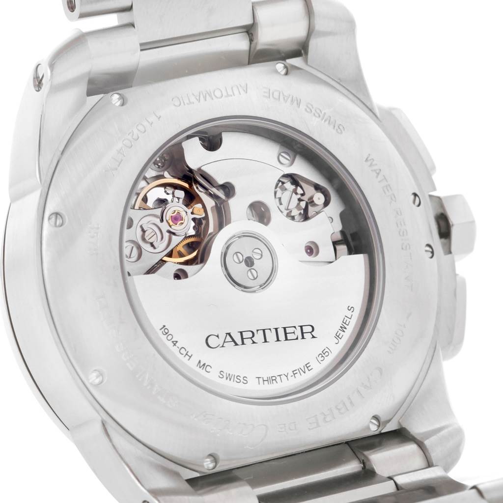 The image shows the back of a Cartier Calibre de Cartier W7100045 Men's Stainless Steel Silver Dial W7100045 Men's Stainless Steel Silver Dial watch, revealing its automatic movement mechanism.