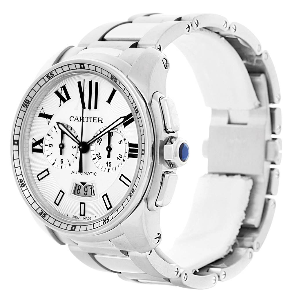 The image shows a Calibre de Cartier watch by Cartier from an angled side view, highlighting the dial, case, crown, and bracelet.