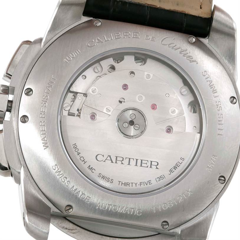 This image shows the back casing and movement of the Calibre de Cartier watch by Cartier.
