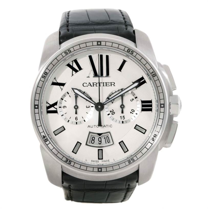 This Calibre de Cartier model by Cartier is shown from a front angle, displaying the watch face, dial, and strap.