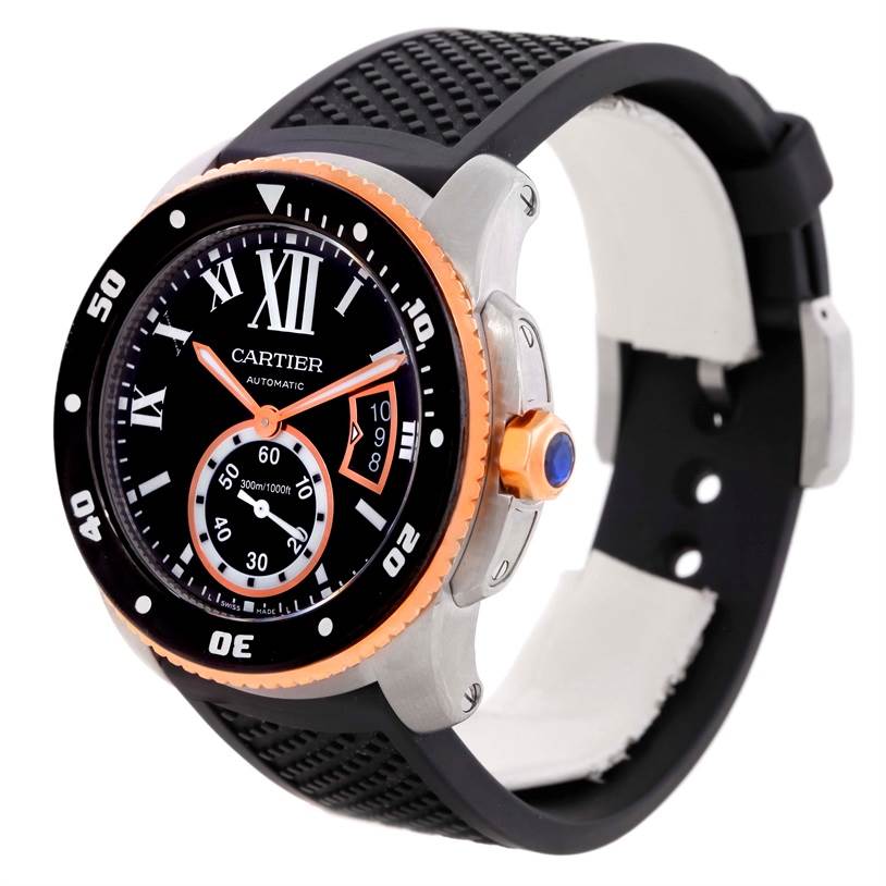 The image shows a side angle of a Calibre de Cartier watch by Cartier, highlighting the dial, bezel, and rubber strap.