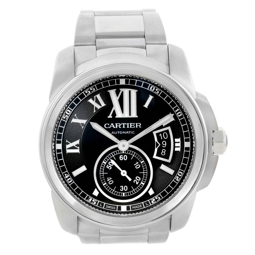 The image shows a frontal view of a Calibre de Cartier automatic watch by Cartier, displaying its face and bracelet.