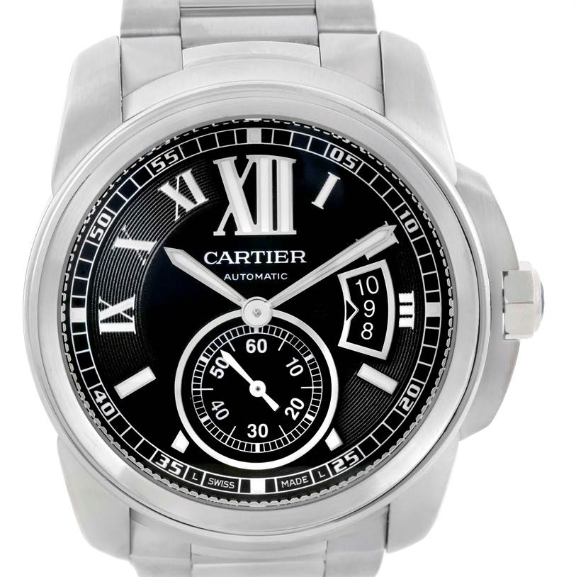 The image shows a front view of the Calibre de Cartier watch by Cartier, highlighting the dial, date display, and sub-dial for seconds.