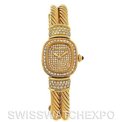 The image shows a front view of the David Yurman   Chelsea Cable 18K Yellow Gold 2.25 ct Diamond Watch, displaying the face and band.