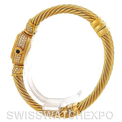 This side view shows the band, case, and diamond-encrusted details of the David Yurman   Chelsea Cable 18K Yellow Gold 2.25 ct Diamond Watch.