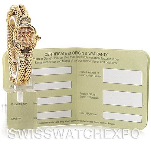 The image shows a Chelsea Cable 18K Yellow Gold 2.25 ct Diamond Watch by David Yurman  , displayed upright next to its certificate of origin and warranty.