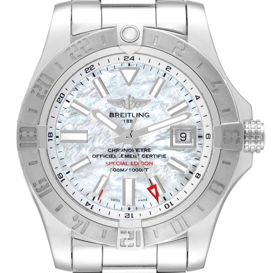 Breitling Aeromarine Avenger II GMT Mother of Pearl Dial Steel Mens Watch A32390 Box Card SwissWatchExpo