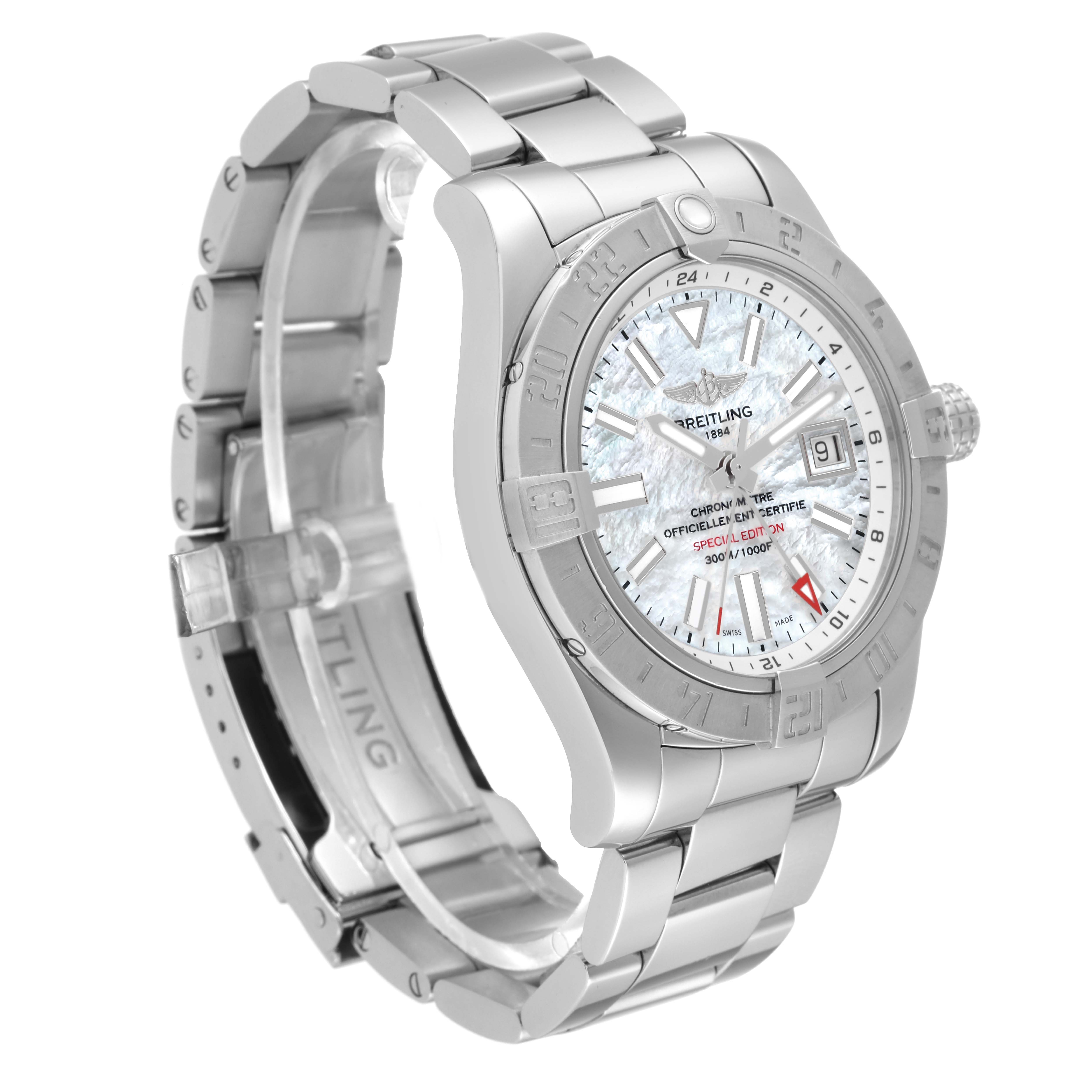 The Breitling Avenger A3239011/A809 Men's Stainless Steel Mother of Pearl Dial A3239011/A809 Men's Stainless Steel Mother of Pearl Dial watch is shown from an angled side perspective, displaying its bracelet, bezel, and dial.