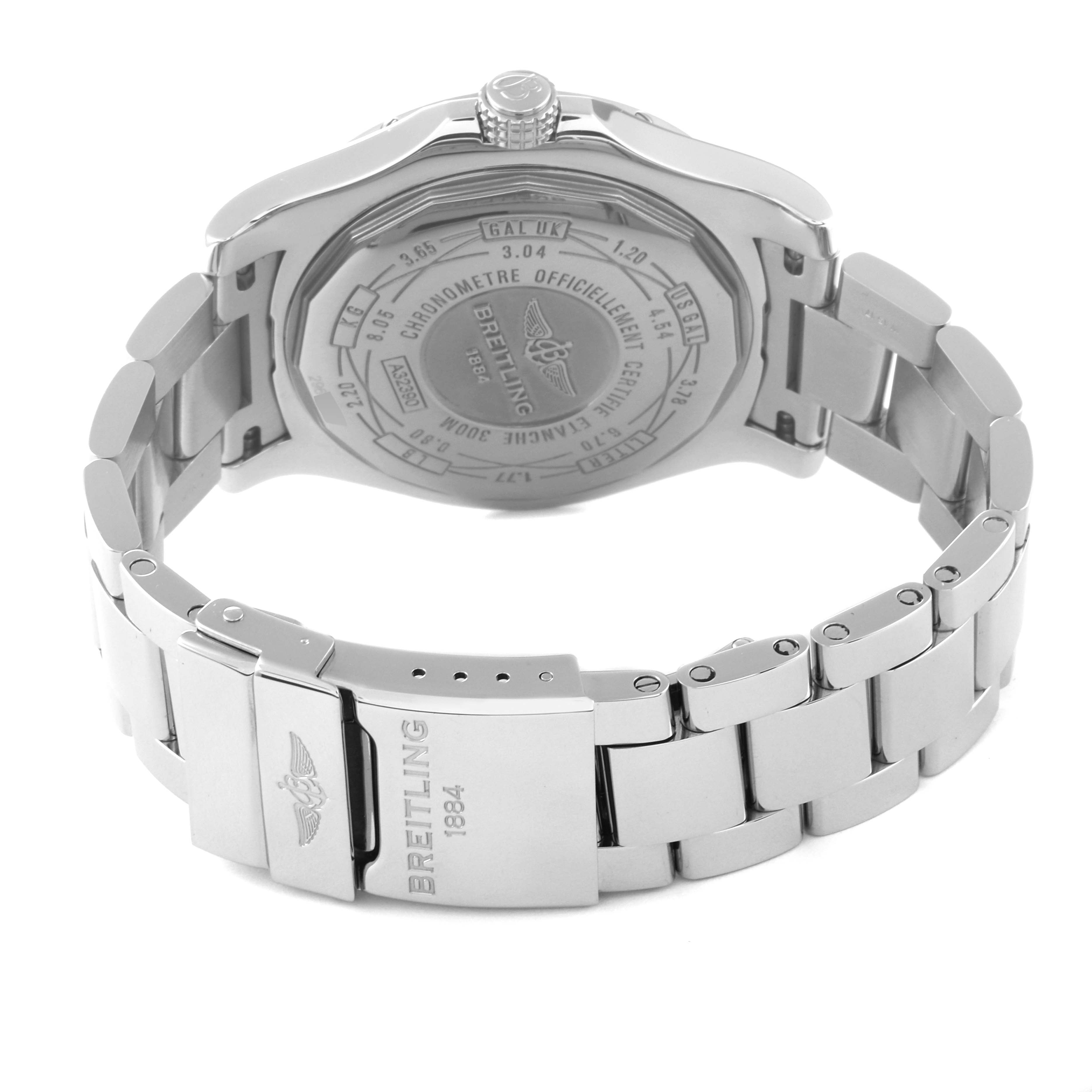 This image shows the back case and bracelet of a Breitling Avenger A3239011/A809 Men's Stainless Steel Mother of Pearl Dial A3239011/A809 Men's Stainless Steel Mother of Pearl Dial watch, including the clasp mechanism and engraved details.