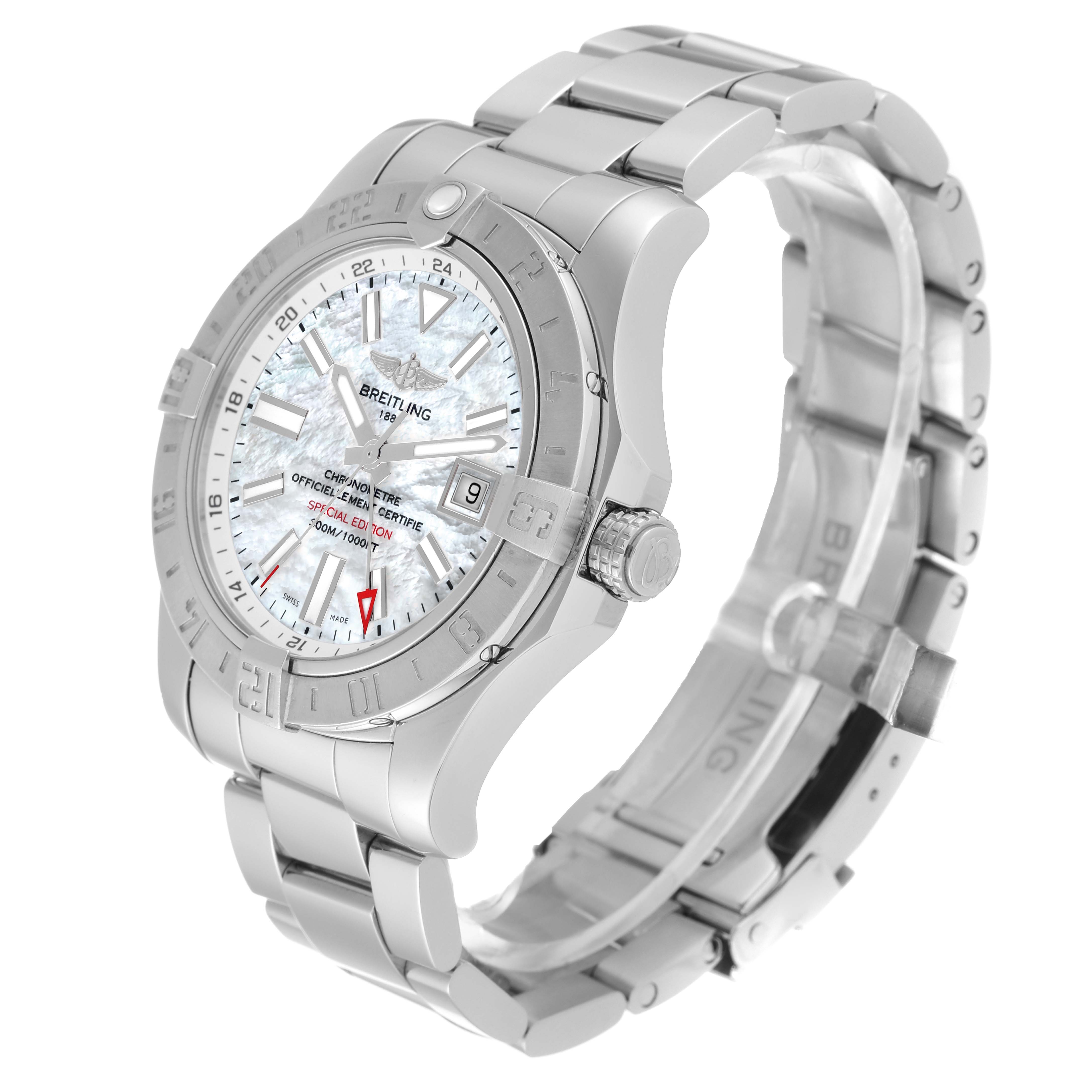 The image shows a side angle view of a Breitling Avenger A3239011/A809 Men's Stainless Steel Mother of Pearl Dial A3239011/A809 Men's Stainless Steel Mother of Pearl Dial watch, highlighting the face, bezel, crown, and metal bracelet.