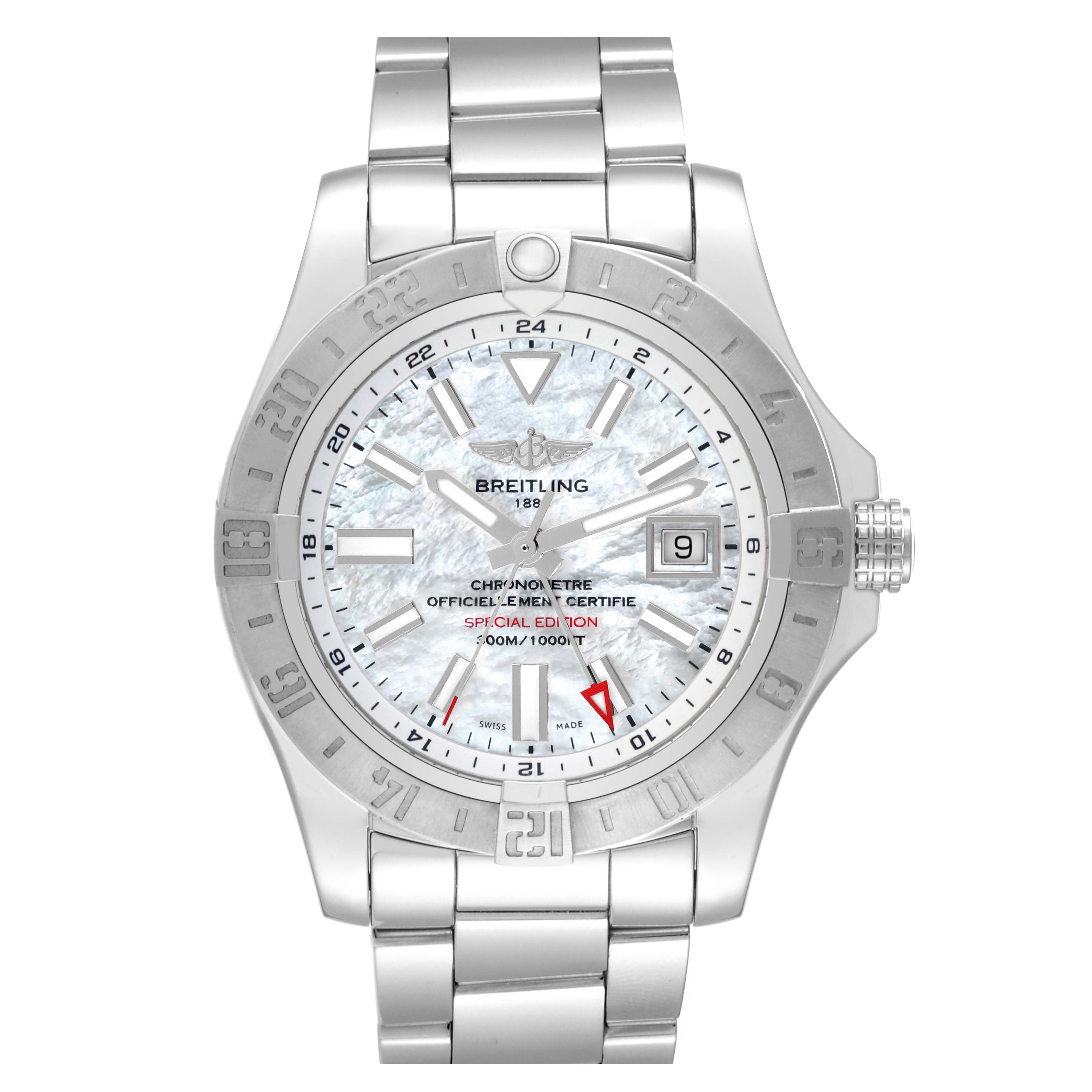 The image shows a front view of the Breitling Avenger A3239011/A809 Men's Stainless Steel Mother of Pearl Dial A3239011/A809 Men's Stainless Steel Mother of Pearl Dial watch, displaying its face, bezel, and metal bracelet.