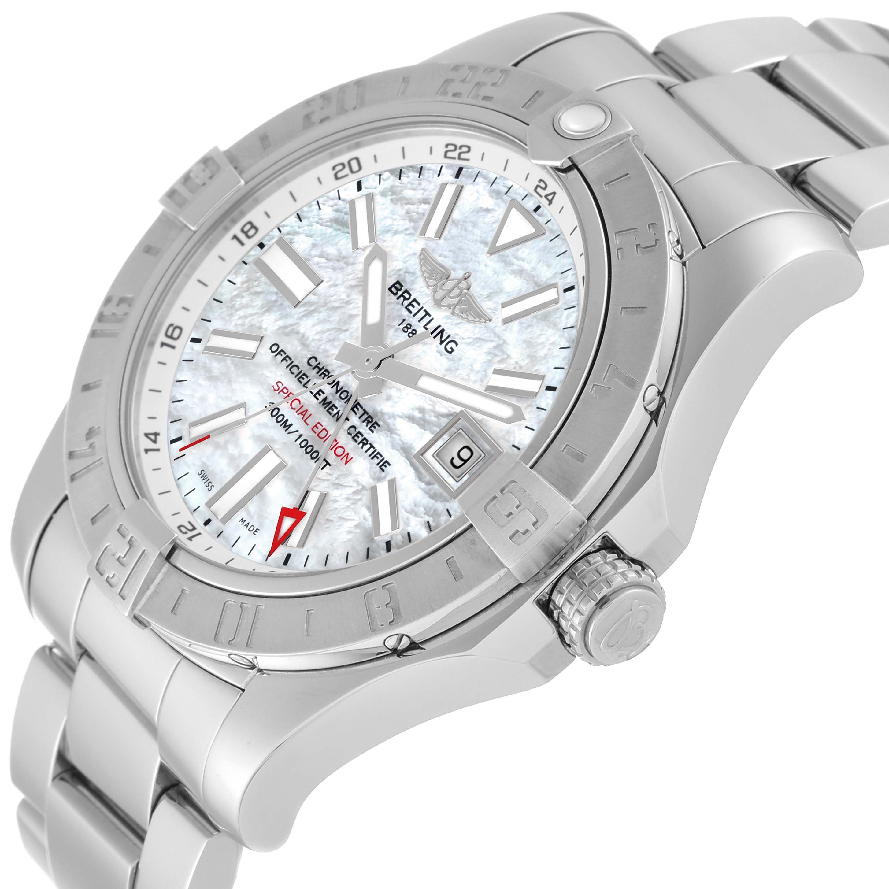 This is a close-up, angled view of a Breitling Avenger A3239011/A809 Men's Stainless Steel Mother of Pearl Dial A3239011/A809 Men's Stainless Steel Mother of Pearl Dial watch showcasing the dial, bezel, date window, and a portion of the bracelet.