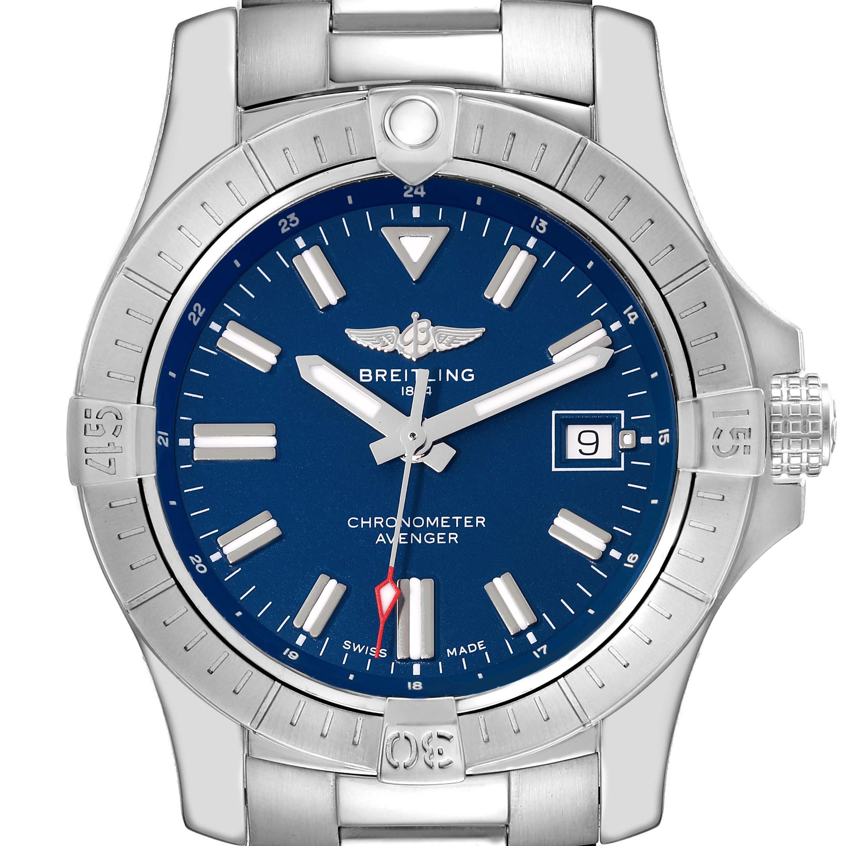 This image shows a front view of the Breitling Avenger A17318 Men's Stainless Steel Blue Dial A17318 Men's Stainless Steel Blue Dial watch, displaying the dial, bezel, hands, and date window.
