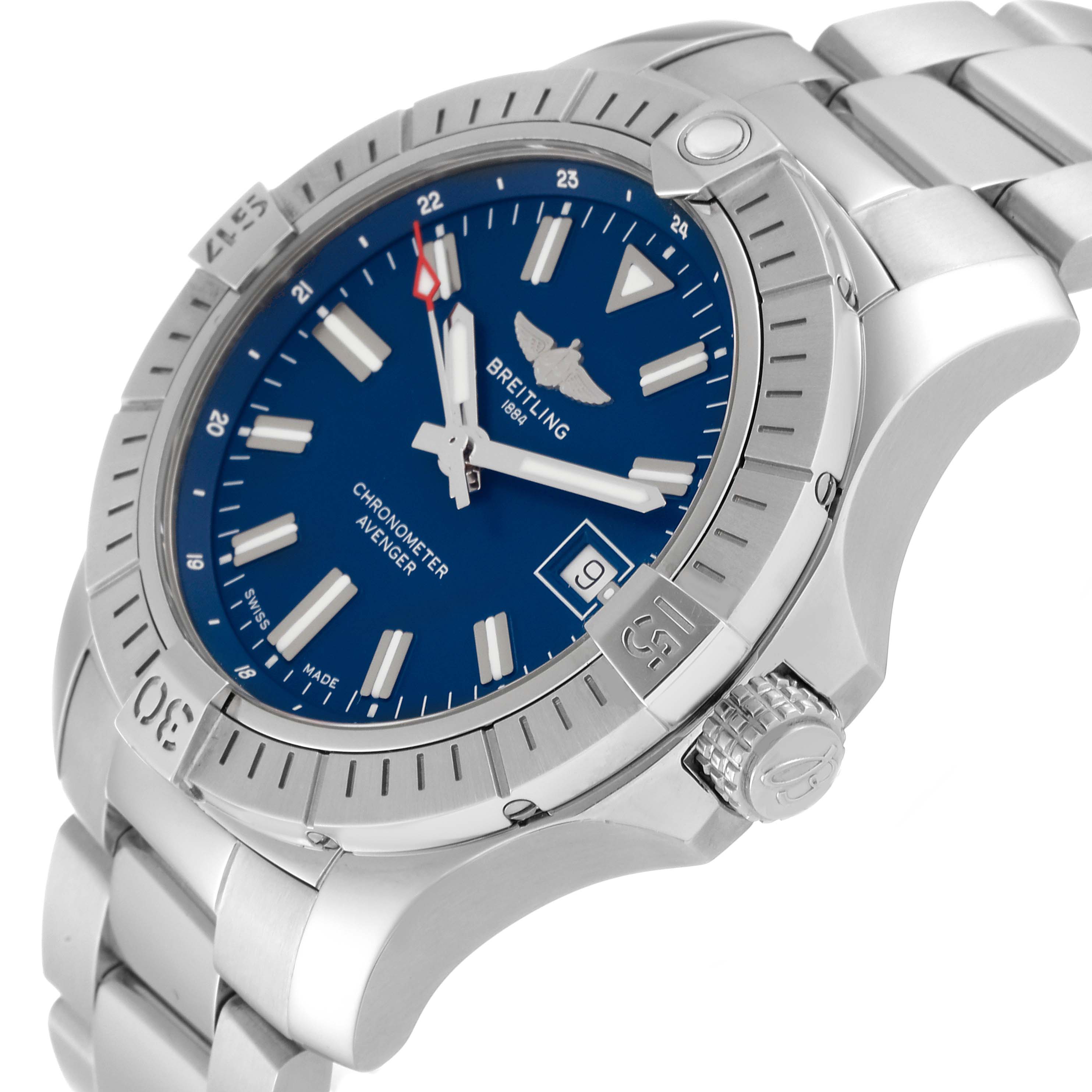 The Breitling Avenger A17318 Men's Stainless Steel Blue Dial A17318 Men's Stainless Steel Blue Dial watch shown is angled to display the face, bezel, crown, and part of the metal bracelet.